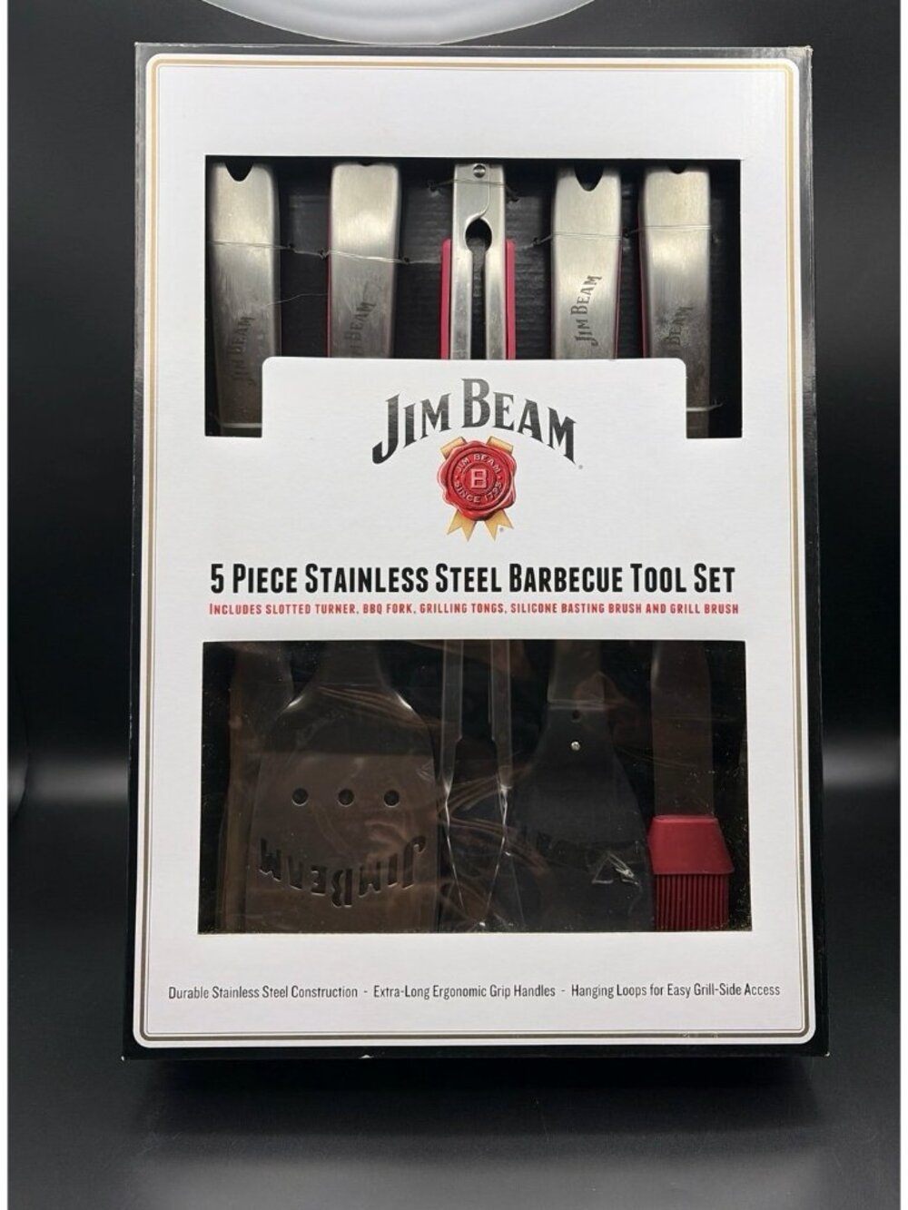 Jim Beam 5-Piece Stainless Steel Extra Long Ergonomic Grip Handles BBQ Tool Set